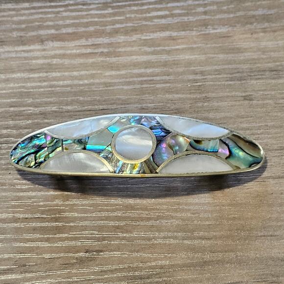 Vintage Alpaca Silver Hair Barrette with Inlaid Mother of Pearl and Abalone - Picture 1 of 6